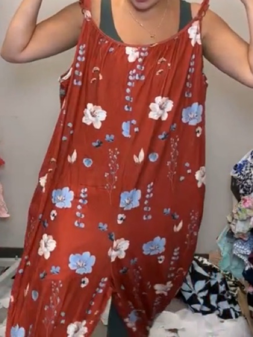 BloomChic Rust Floral Wide-Leg Jumpsuit with Blue & White Flowers